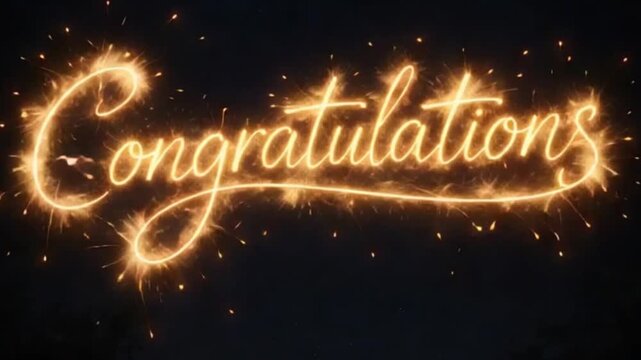 Sparkler writing congratulations word on black background. Firework effect message for celebration and party event. Glowing light typography for holiday greeting.