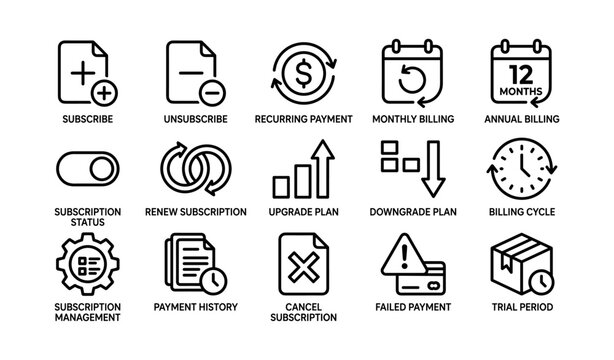 Subscription management icons featuring payment and billing symbols