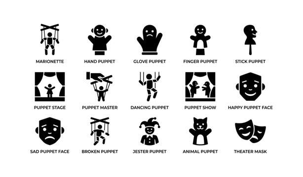 Types of puppets: marionette, glove, finger, and more icons