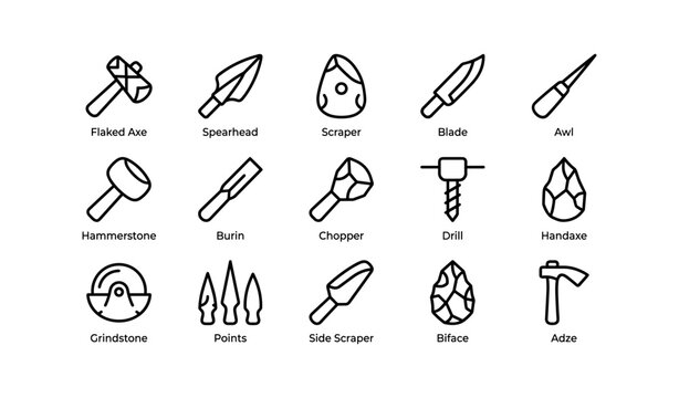 Vector icons of primitive stone tools: axe, spearhead, scraper, blade, awl