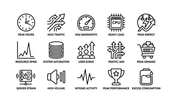 Network and system metrics icons representing traffic, bandwidth, load, and performance issues