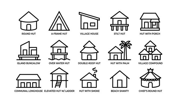 Various traditional hut and house designs including round, a-frame, and stilt structures