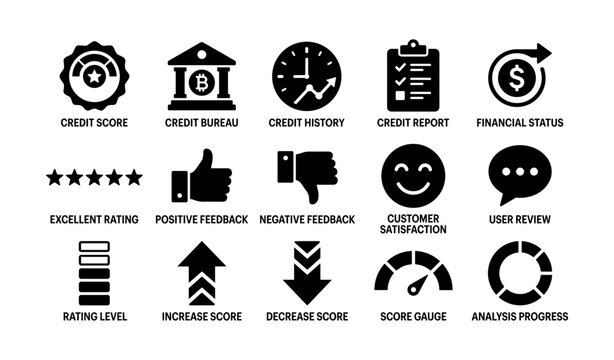Financial icons: credit score, report, analysis, satisfaction, feedback indicators