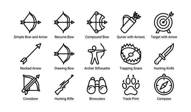 Archery and hunting icons: bows, arrows, quiver, and hunting tools illustration