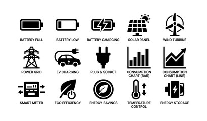 Fototapeta premium Renewable energy icons: battery, solar panel, wind turbine, ev charging