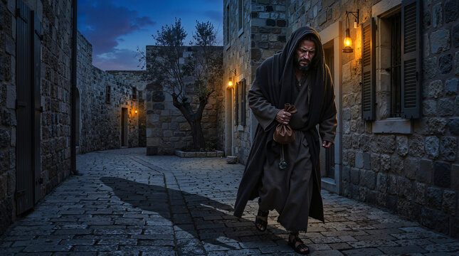 Judas walking through narrow Jerusalem streets at dusk holding a bag of coins. Biblical scene of betrayal. Man in hooded robe in ancient stone alleyway with lanterns