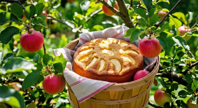 Sun-Dappled Apple Cake in an Orchard With Freshly Picked Apples