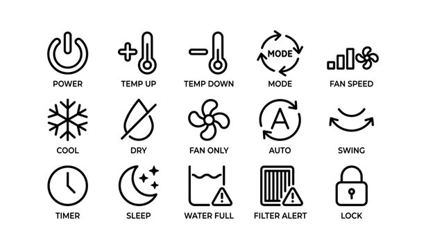 Air conditioner control icons: power, temperature, fan speed, mode, and more