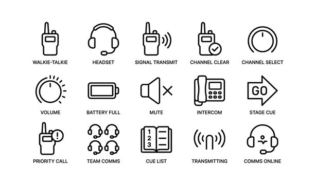 Communication icons: headset, signal, volume, mute, intercom, walkie-talkie, transmit, comms