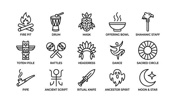 Tribal icon set: fire pit, drum, mask, ritual tools, totem pole, moon and star