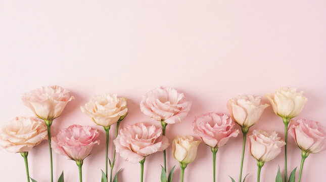 Soft pink carnation flowers forming elegant border on pastel background with large copy space for Mother's Day Valentine's Day Women's Day spring banner feminine template design