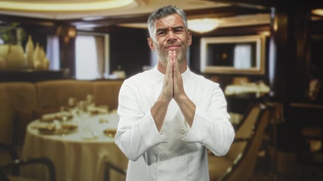 Man chef in white jacket presses palms together by a set dining table in building; humble pleading appeal.