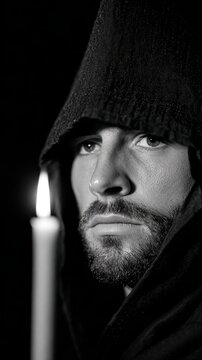 spanish holy week procession, emotionally raw vertical documentary of a spanish penitent lit by a flickering candle, focusing on the dramatic shadows and intense atmosphere