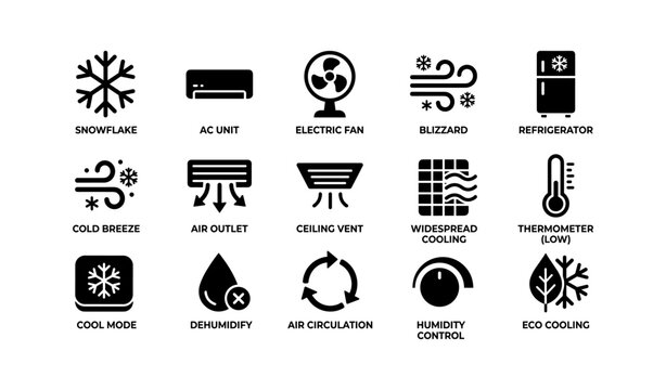 Cool mode icons: air conditioning, fan, snowflake, eco, ventilation symbols