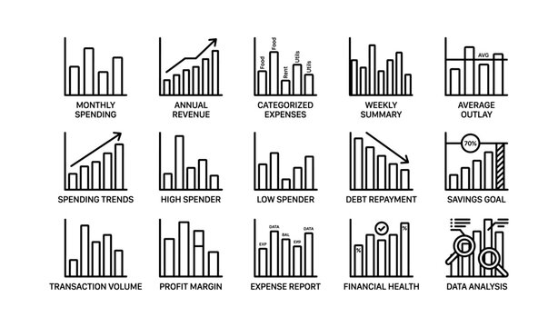 Business and finance data icons: spending, revenue, trends, savings, analysis