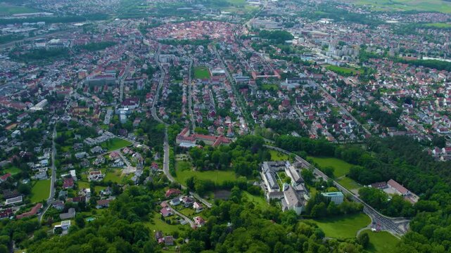 Aerial view of the city Neumarkt in der Oberpfalz on a cloudy day in spring