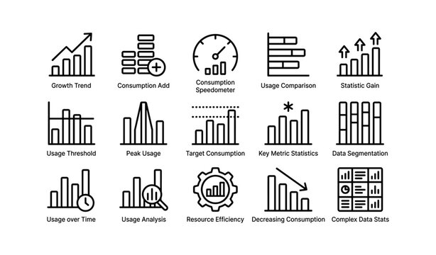 Data usage and consumption statistics icon set