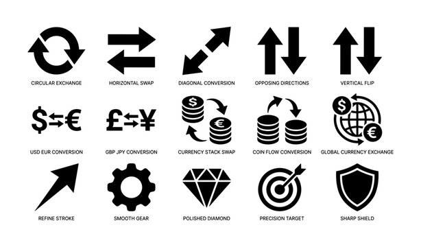 Icon set of currency exchange and conversion symbols