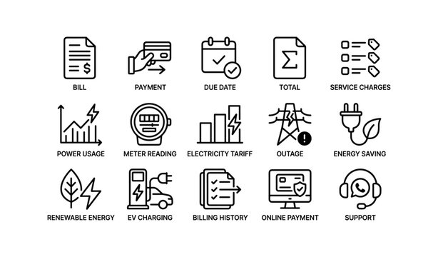 Utility icons: billing, payments, energy management, renewable solutions