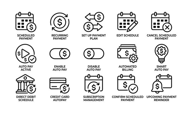 Payment management icons: scheduling, auto pay, billing, reminders, setup