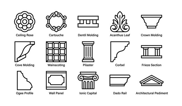 Various architectural moldings and profiles: ceiling rose, dentil, acanthus, corbel