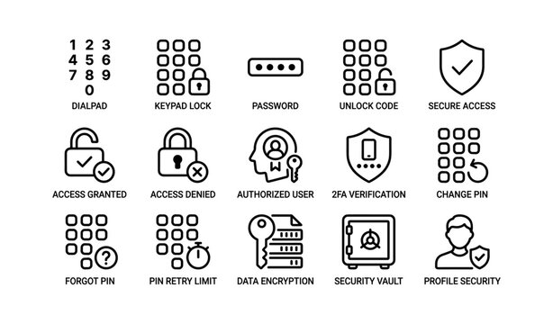Digital security icons: access, authentication, encryption, protection symbols