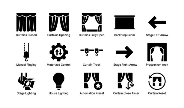 Theater icon set featuring curtains, lighting, and stage elements