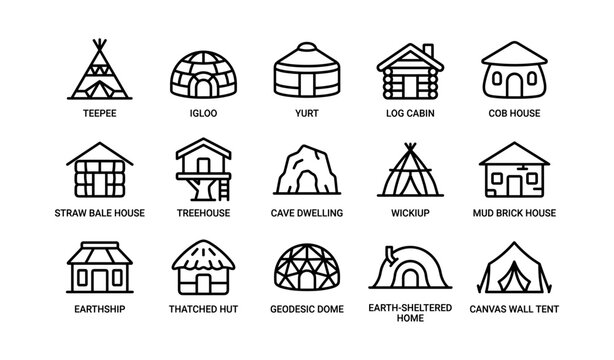 Different types of traditional and modern homes: teepee, igloo, yurt, log cabin, cob house