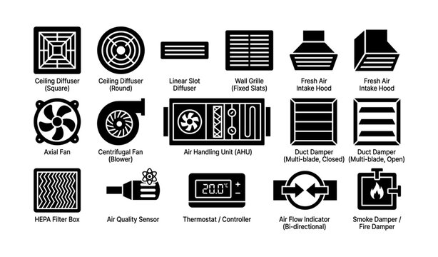 Hvac components: diffusers, fans, dampers, ahu, thermostat icons