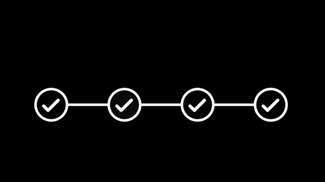 Step Progress Line Checkmark Animation on Black Background Task Completion Timeline Motion Graphic for Workflow and Success