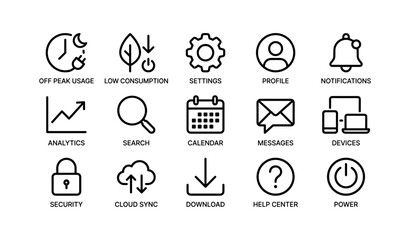 Fototapeta premium Icons for off peak usage, low consumption, settings, profile, and notifications