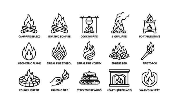 Set of fire icons: campfire, bonfire, fireplace, and more in minimalist style