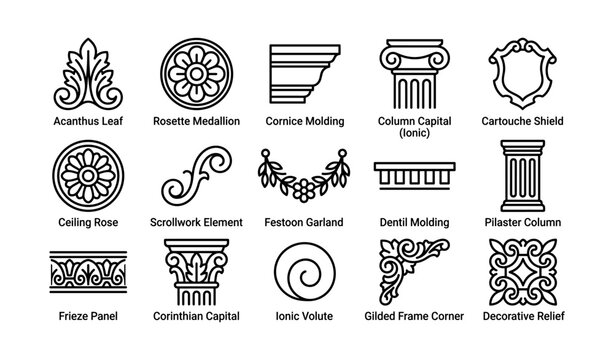 Classical architectural elements: acanthus, ionic, corinthian, medallion, volute