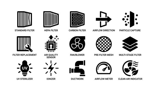 Air filtration icons: hepa, carbon, uv, ionizer, airflow, sensor, clean indicator