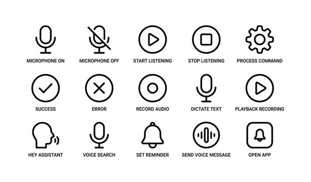 Voice command interface icons set with microphone and functional symbols