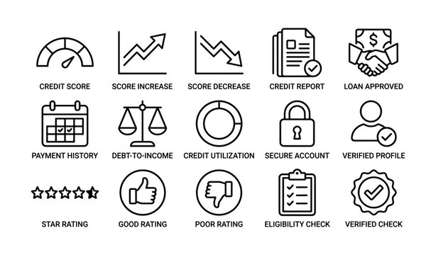 Credit score icons: score increase, decrease, report, and loan approval symbols