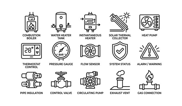 Heating and plumbing system icons and components illustrated