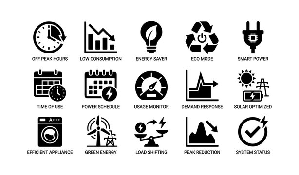 Energy efficiency icons: smart power solutions for renewable and low consumption