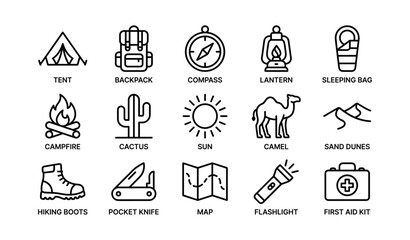 Fototapeta premium Camping and adventure icons: tent, backpack, compass, lantern, and gear