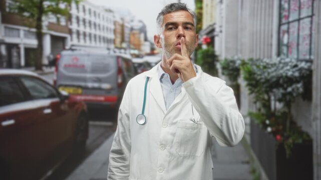 Doctor man in labcoat with stethoscope presses finger to lips on street near parked cars and storefronts; quiet authority.