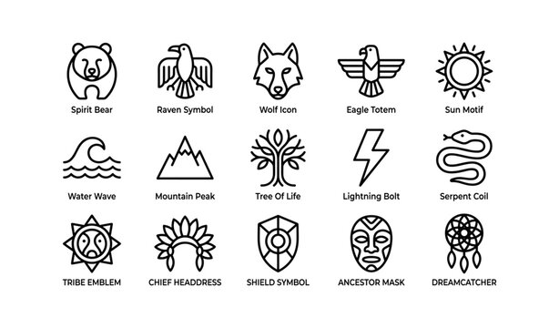 Indigenous symbols and totems design set with animals, nature motifs, and cultural emblems