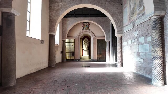 Ancient Cloister Arches In Medieval Monastery Rome Slow Motion