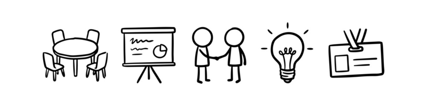 Set of hand-drawn business doodle icons including a meeting table, presentation board, handshake, light bulb, and ID badge. Minimalist black ink sketch isolated on white background.