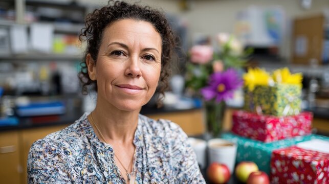 teachers recognition, on national teacher day, a middle school science teacher is featured in a premium magazine, proudly posing in her classroom with gifts and a teacher of the year ribbon, exuding