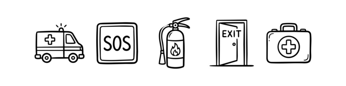 Set of hand-drawn emergency and safety doodle icons including an ambulance, SOS sign, fire extinguisher, exit door, and first aid kit. Minimalist black and white line art illustration.