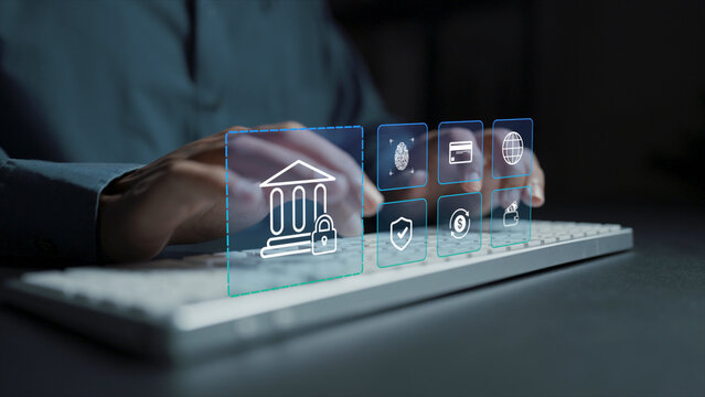 Digital banking security system concept. Person typing keyboard with secure transaction and financial icons, encrypted banking, and online finance management.