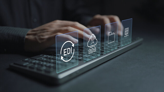 Electronic data interchange EDI system concept. Person typing keyboard with data transfer and network icons, automated document exchange, business integration and supply chain communication.