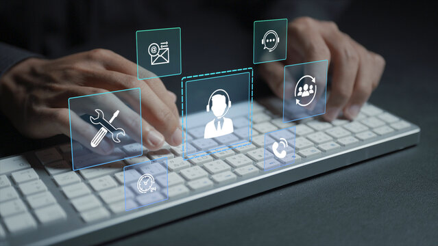 Digital technical support platform concept. Person typing keyboard with customer support and workflow icons, online assistance, task management, and service productivity.