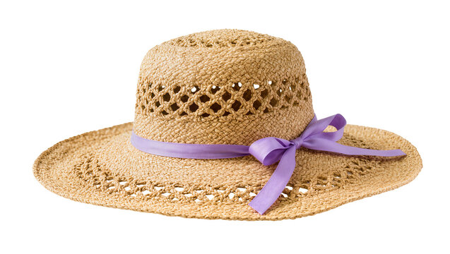 Woven raffia sunhat with delicate shell detailing and lavender ribbon, isolated on transparent background for summer fashion