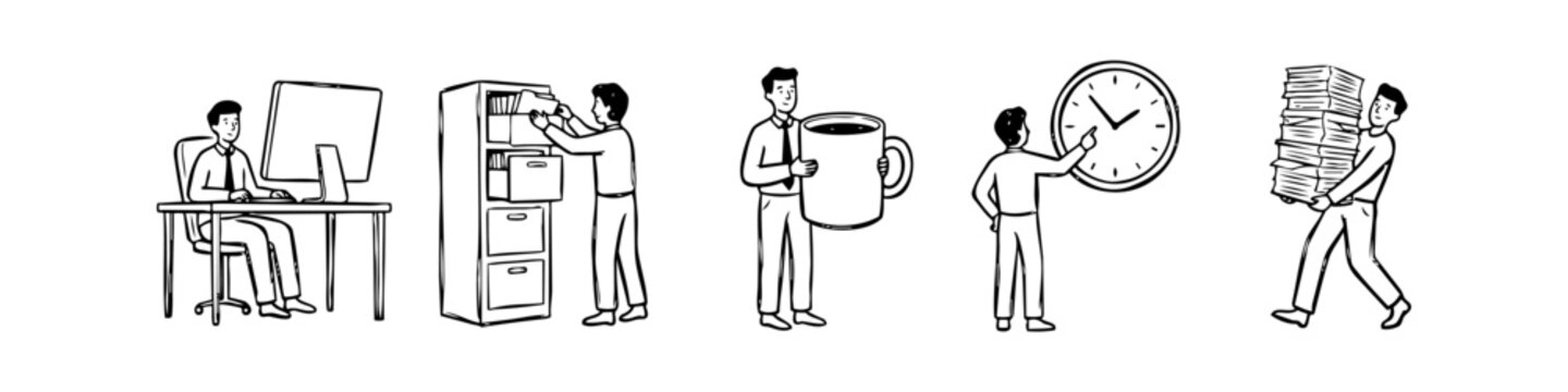 Hand-drawn doodle set of an office worker's daily routine: computer work, filing, coffee break, time management, and heavy workload. Minimalist black and white line art on white background.